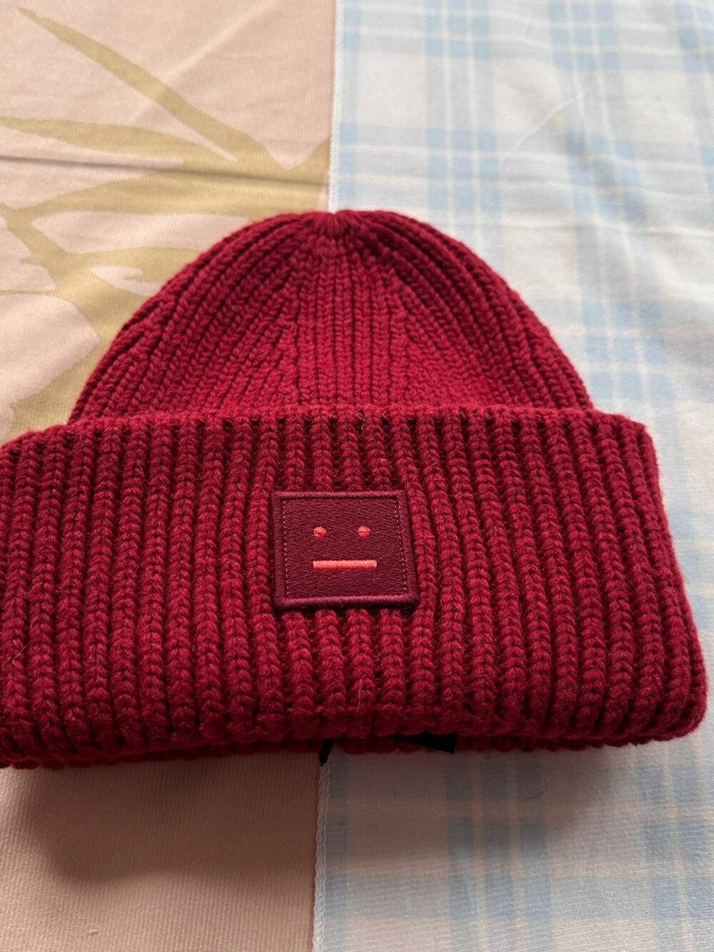 Acne Studios Pansy Collection Smiley Face Knit Beanie (Red)